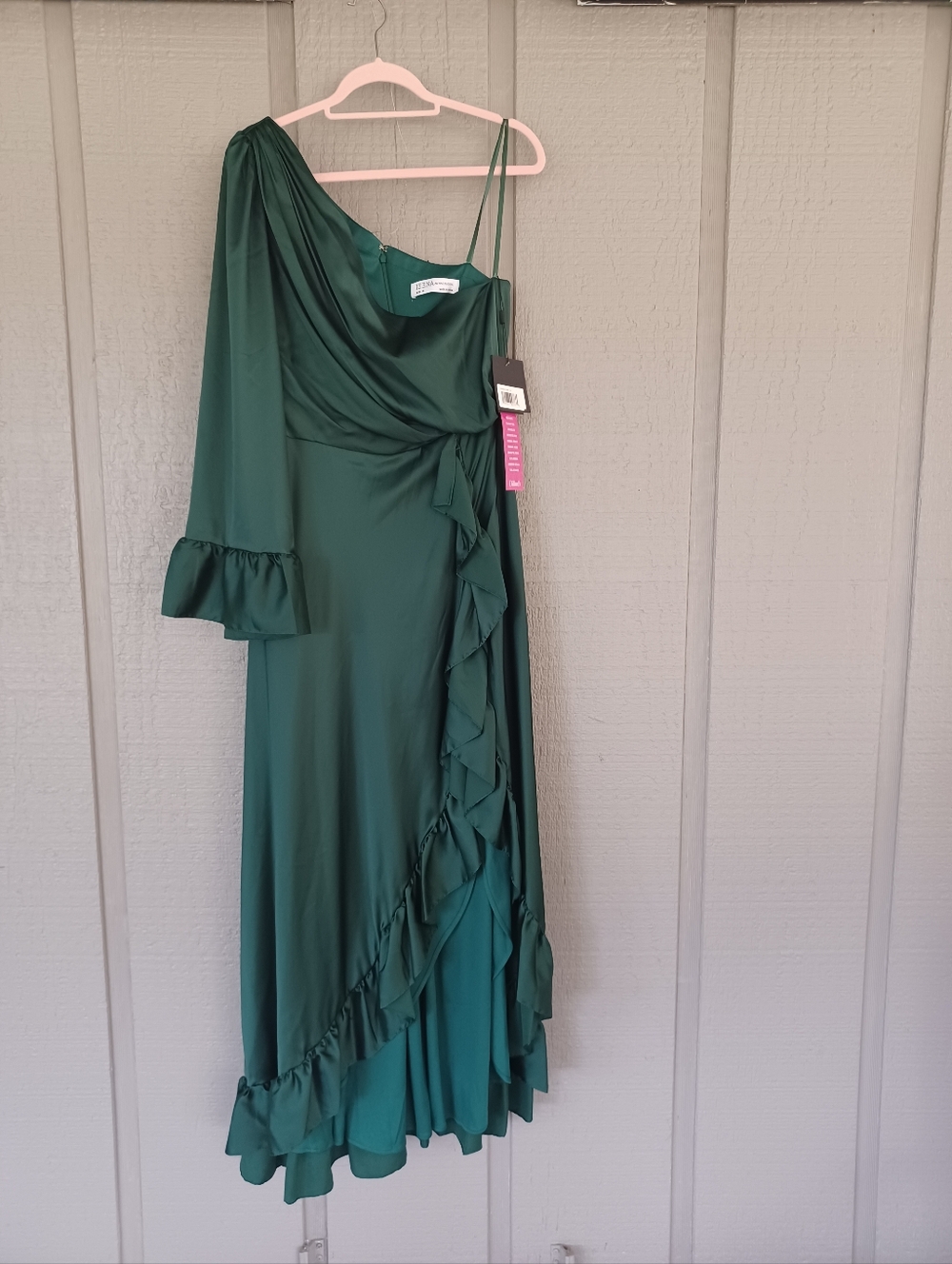 Ieena Mac Duggal Long One Sleeve Asymmetrical Ruffle Hem Gown Size 10 Emerald - Picture 2 of 16